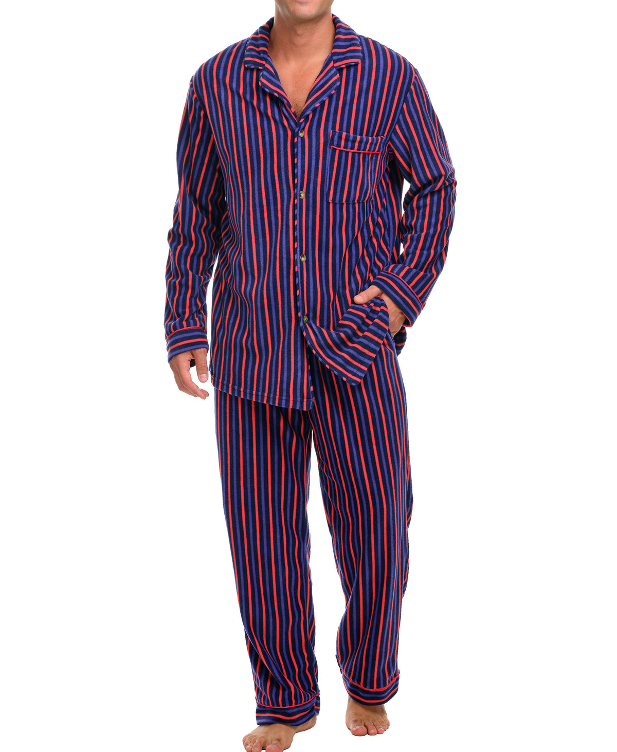 Cranberry Navy Stripe Lightweight Fleece Pajamas for Men, Long Sleeve Button Up PJ Set with Pockets