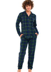 Black Watch Tartan Plaid Lightweight Fleece Pajamas for Women, Long Sleeve Button Up PJ Set with Pockets
