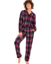 Shadow Rose Plaid Lightweight Fleece Pajamas for Women, Long Sleeve Button Up PJ Set with Pockets