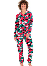 Christmas Camouflage Lightweight Fleece Pajamas for Women, Long Sleeve Button Up PJ Set with Pockets