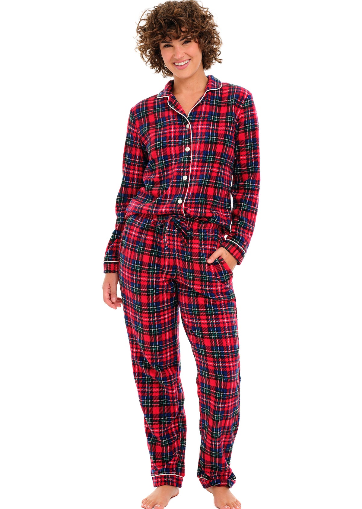 Christmas Plaid Lightweight Fleece Pajamas for Women, Long Sleeve Button Up PJ Set with Pockets