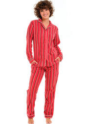 Cabin Stripe Lightweight Fleece Pajamas for Women, Long Sleeve Button Up PJ Set with Pockets