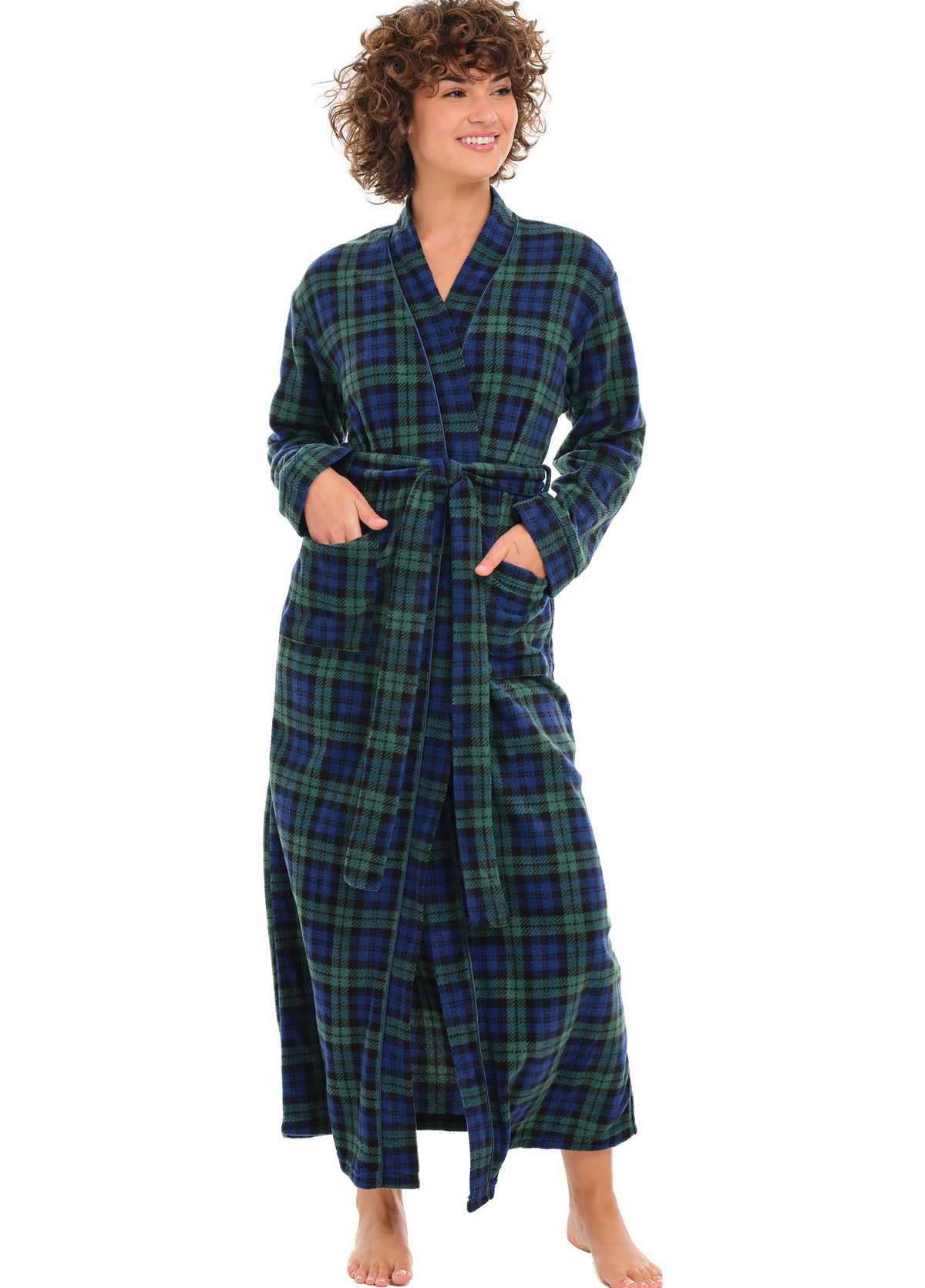 Women's Black Watch Tartan Plaid Lightweight Fleece Robe – Long Sleeve, Calf Length with Pockets