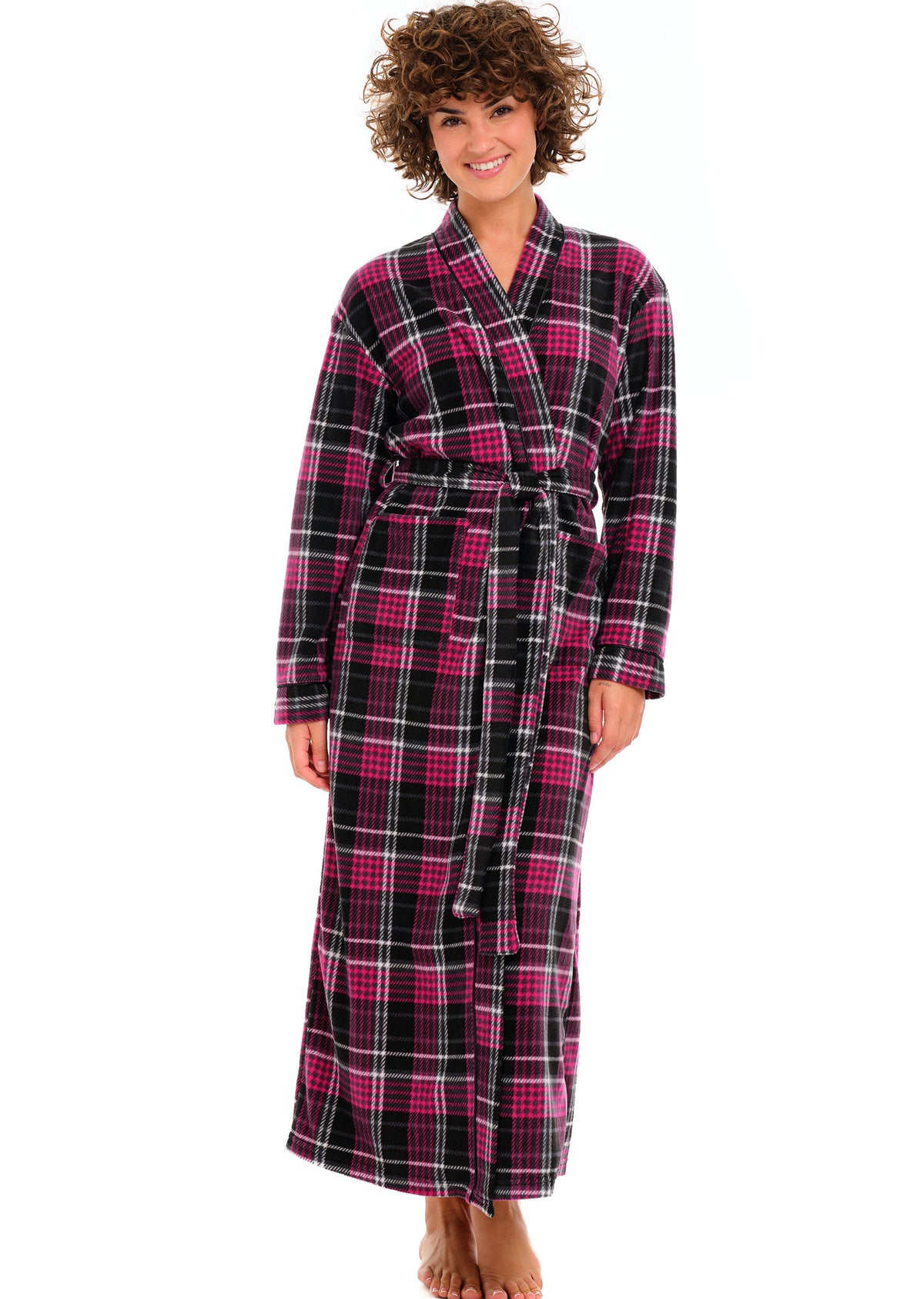 Women's Shadow Rose Plaid Lightweight Fleece Robe – Long Sleeve, Calf Length with Pockets