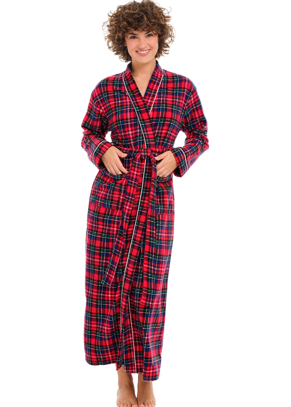 Women's Christmas Plaid Lightweight Fleece Robe – Long Sleeve, Calf Length with Pockets