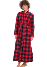 Women's Red and Navy Plaid Lightweight Fleece Robe – Long Sleeve, Calf Length with Pockets