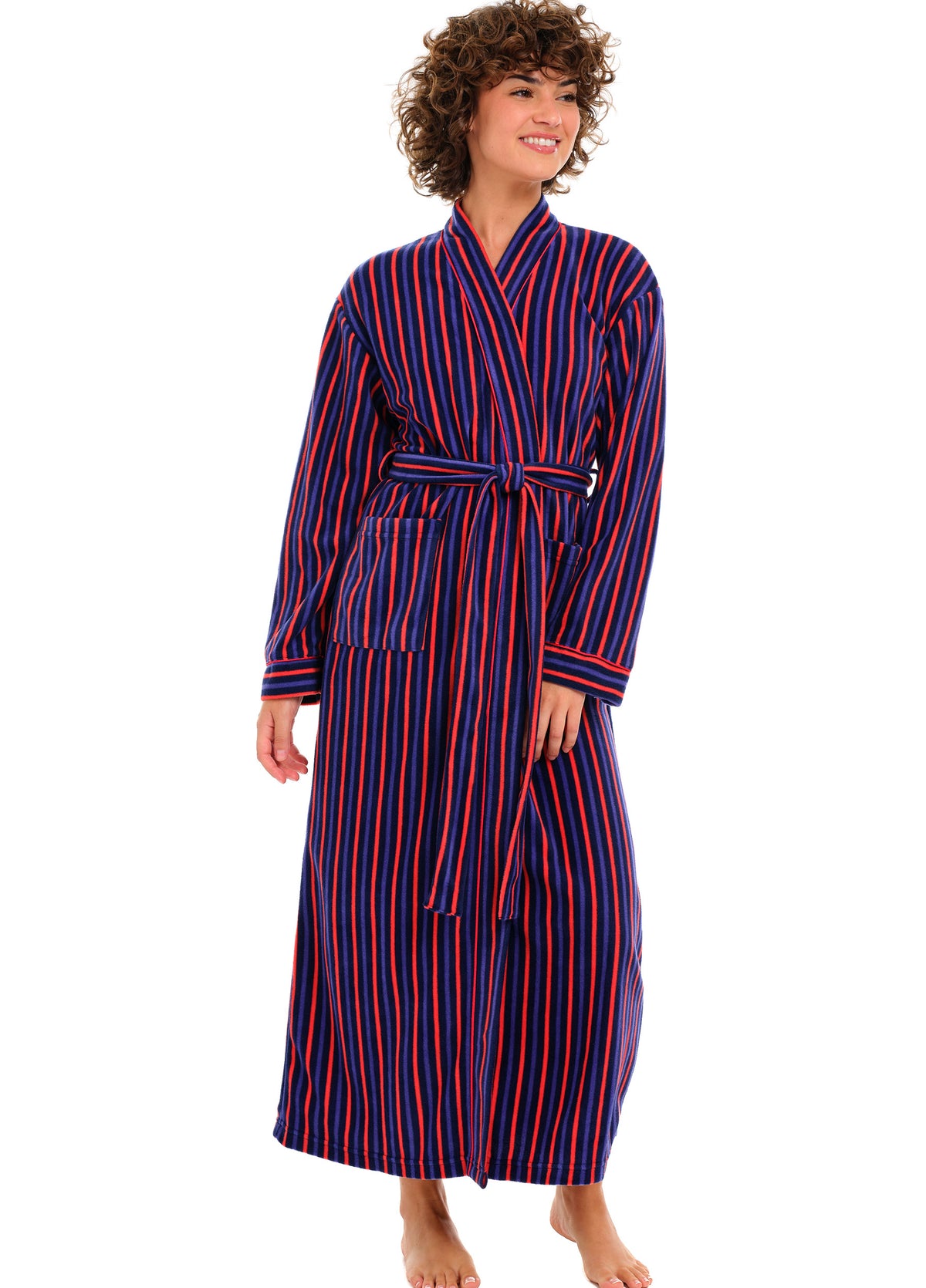 Women's Cranberry Navy Stripe Lightweight Fleece Robe – Long Sleeve, Calf Length with Pockets