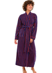Women's Cranberry Navy Stripe Lightweight Fleece Robe – Long Sleeve, Calf Length with Pockets