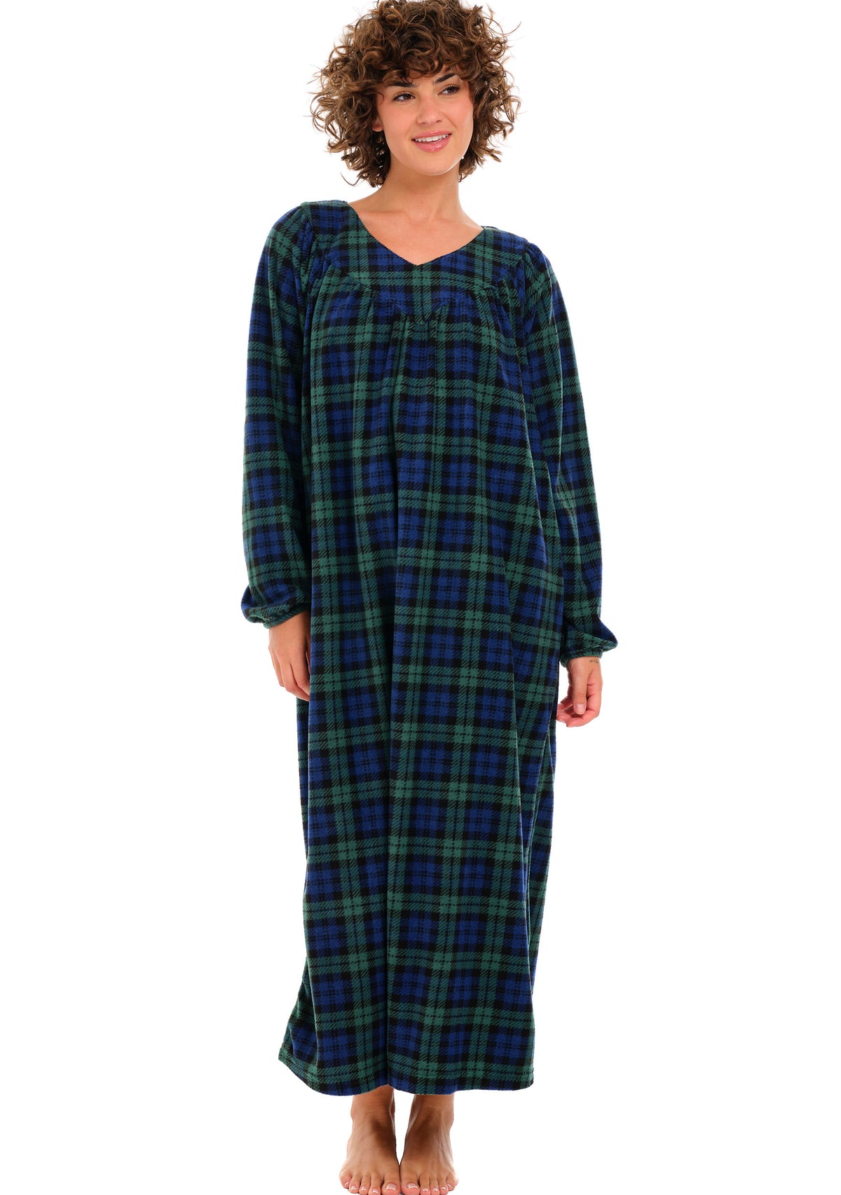 Women's Black Watch Tartan Plaid Polar Fleece Nightgown, Sleep Dress, Long Sleep Shirt