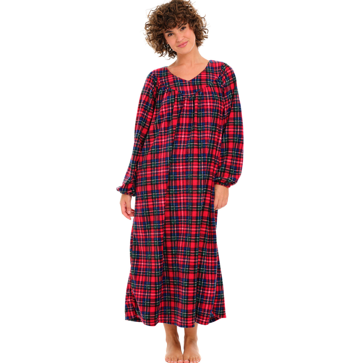 Women's Christmas Plaid Polar Fleece Nightgown, Sleep Dress, Long Sleep Shirt