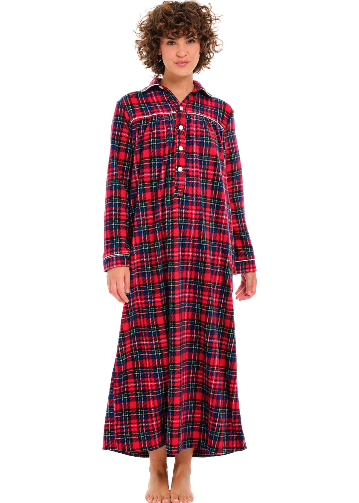 Women's Christmas Plaid Polar Fleece Nightgown, Long Button Up Sleep Shirt
