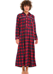 Women's Christmas Plaid Polar Fleece Nightgown, Long Button Up Sleep Shirt