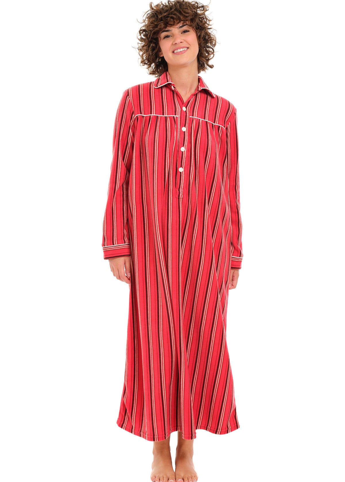 Women's Cabin Stripe Polar Fleece Nightgown, Long Button Up Sleep Shirt