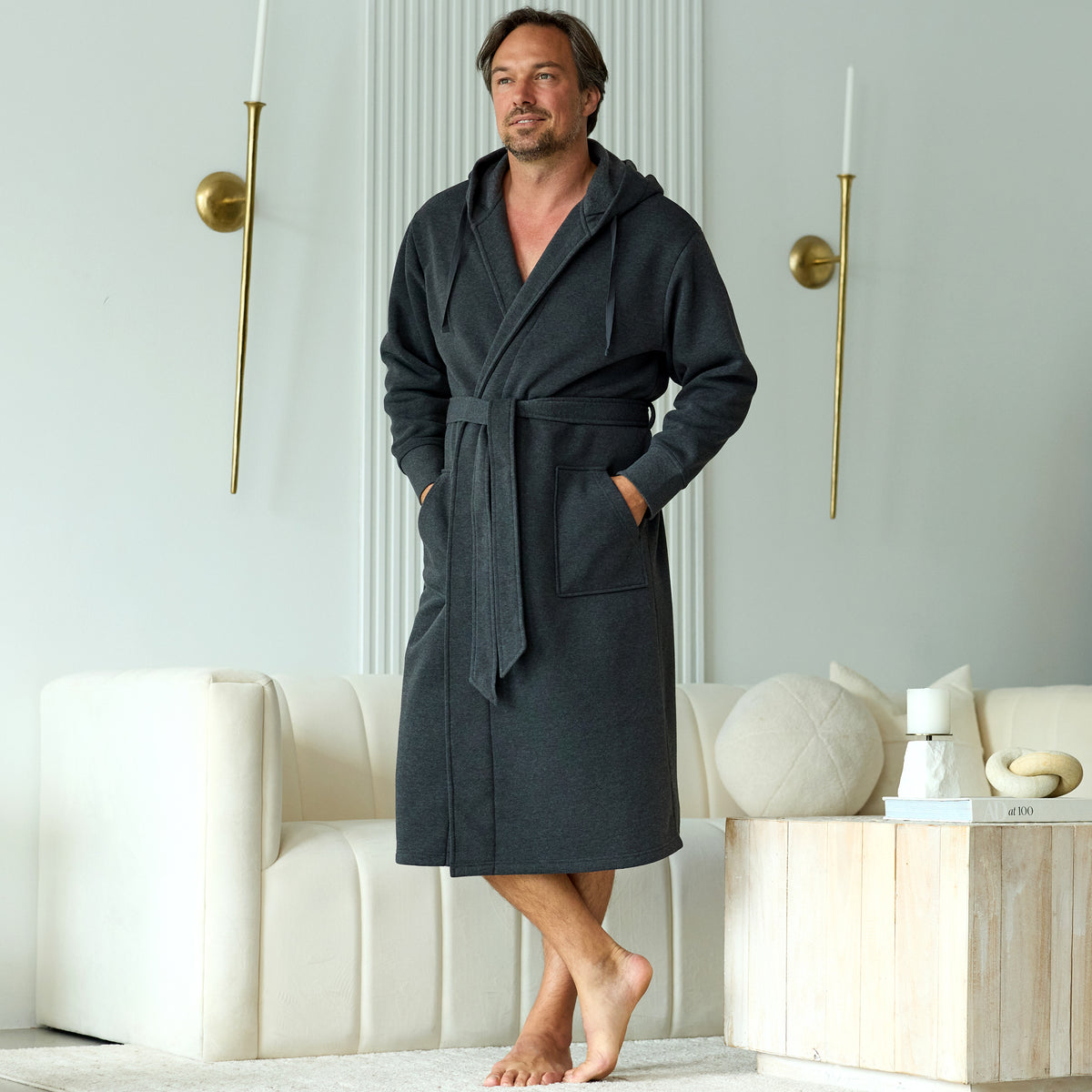 Men's Dark Heathered Gray Classic Hooded Sweatshirt Robe, Winter Bathrobe - Dark Heathered Gray - lifestyle