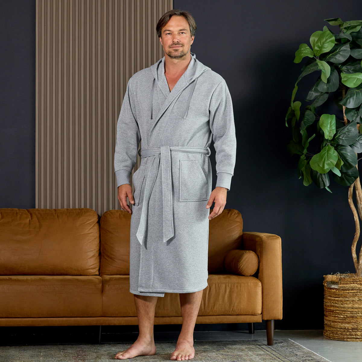 Men's Light Heathered Gray Classic Hooded Sweatshirt Robe, Winter Bathrobe - Light Heathered Gray - lifestyle