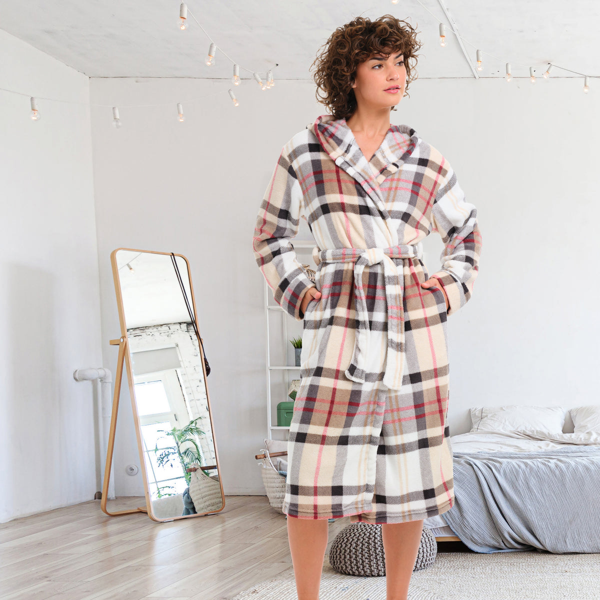 Women's Designer Plaid Plush Fleece Robe with Hood, Lightweight Hooded Bathrobe with Pockets - Designer Plaid - lifestyle