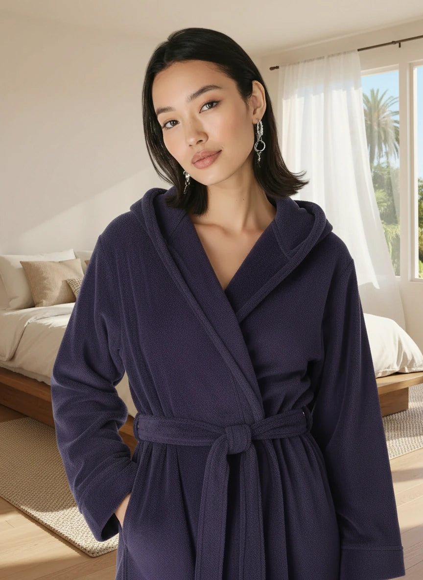 Women's Purple Plush Fleece Robe with Hood, Lightweight Hooded Bathrobe with Pockets - Purple - lifestyle