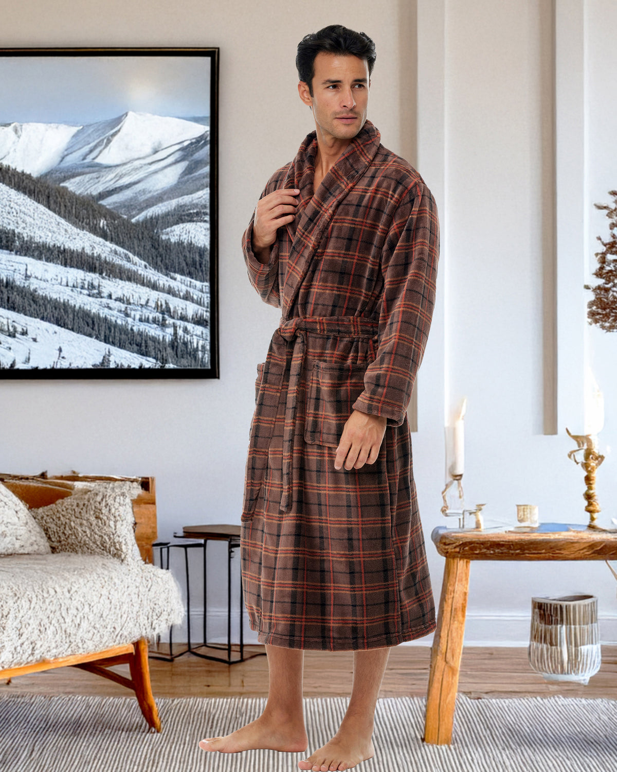 Men's Espresso Plaid Classic Winter Robe, Plush Fleece Bathrobe