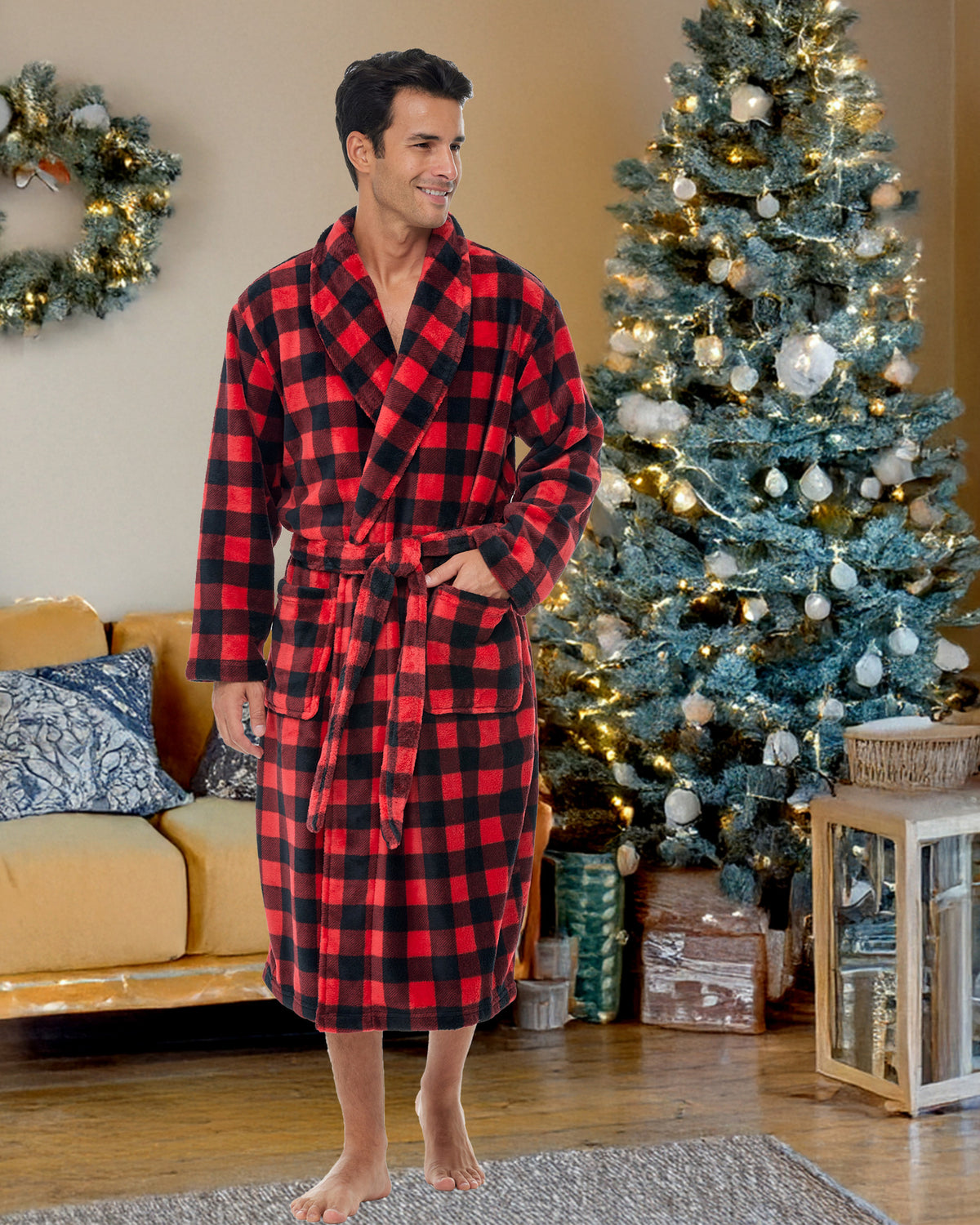 Men's Red Black Buffalo Check Plaid Classic Winter Robe, Plush Fleece Bathrobe