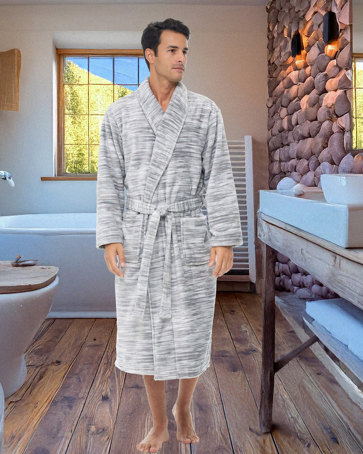 Men's Light Heathered Gray Classic Winter Robe, Plush Fleece Bathrobe
