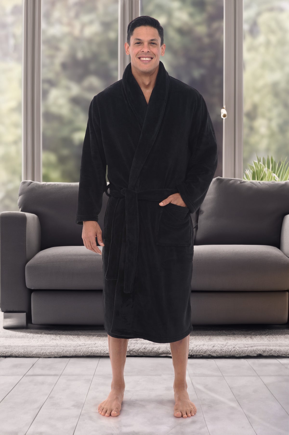 Men's Black Classic Winter Robe, Plush Fleece Bathrobe