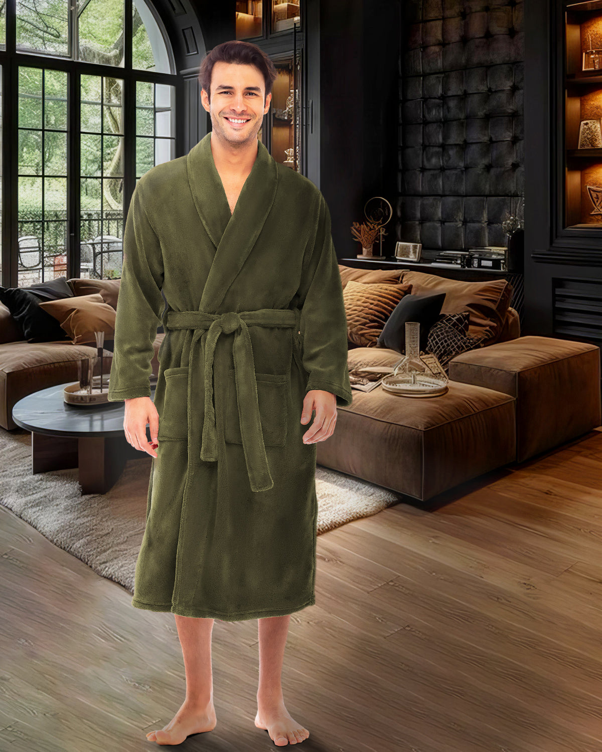 Men's Army Green Classic Winter Robe, Plush Fleece Bathrobe
