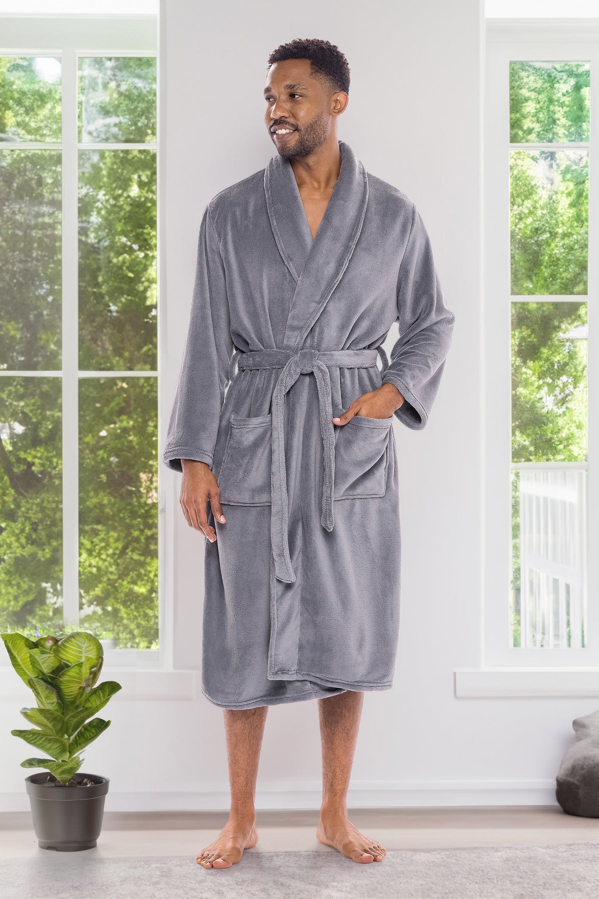 Men's Steel Gray Classic Winter Robe, Plush Fleece Bathrobe