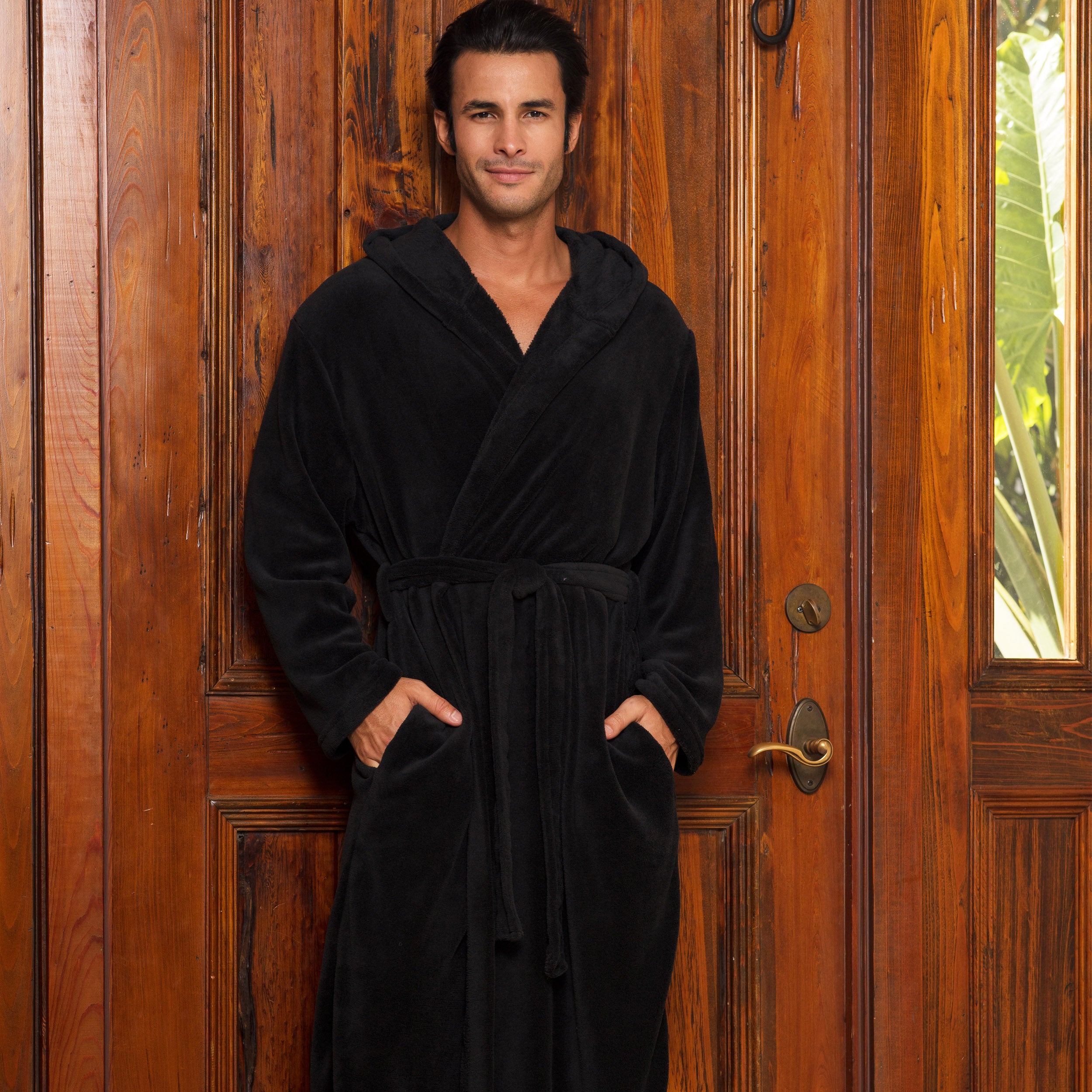 David Archy Hooded Robe Coral Fleece Soft Dressing Gown Mens Bathrobe Warm  Winter