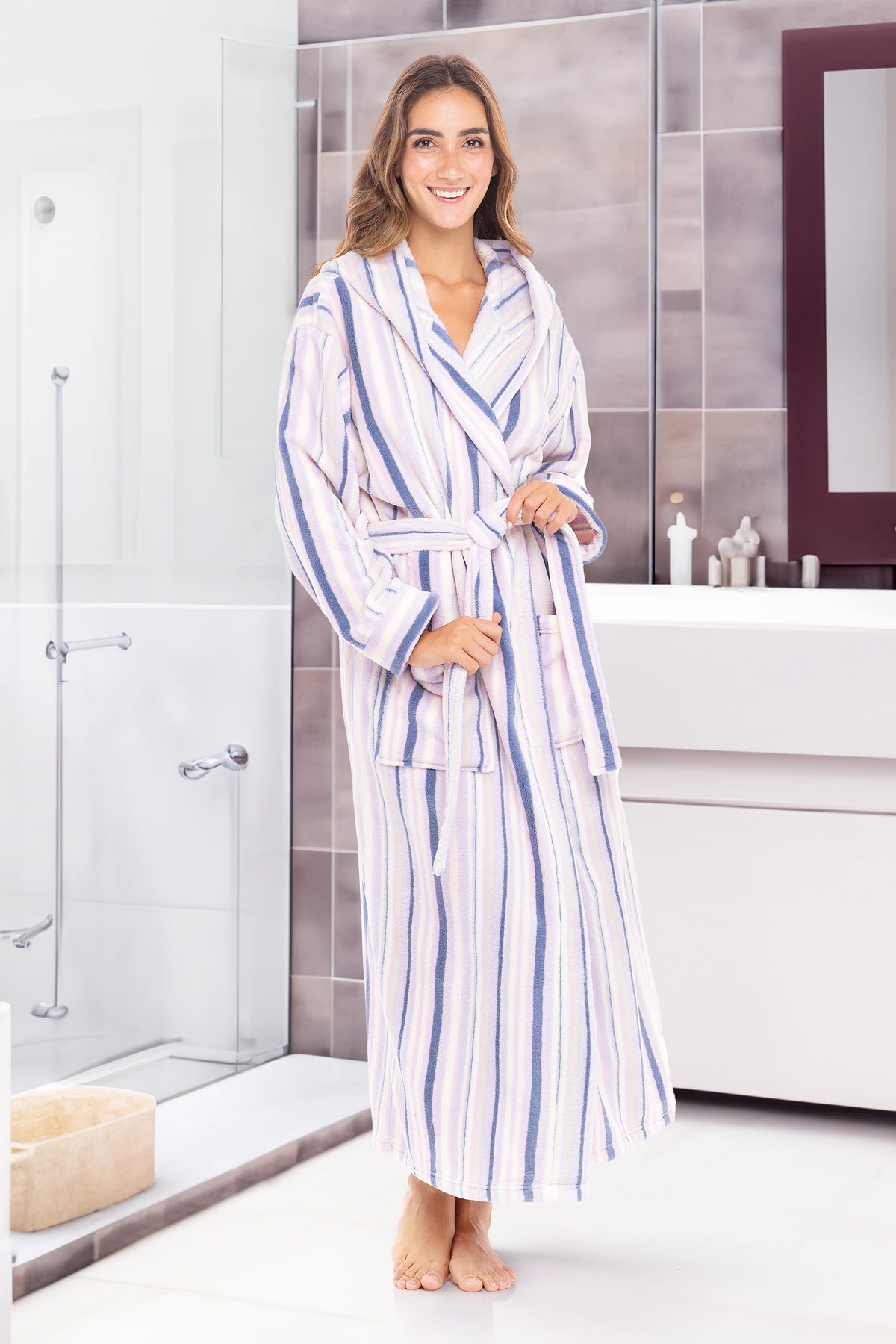 Striped Lavender Plush Fleece Robe for Women, Long Hooded Bathrobe with Hood, Plus Size