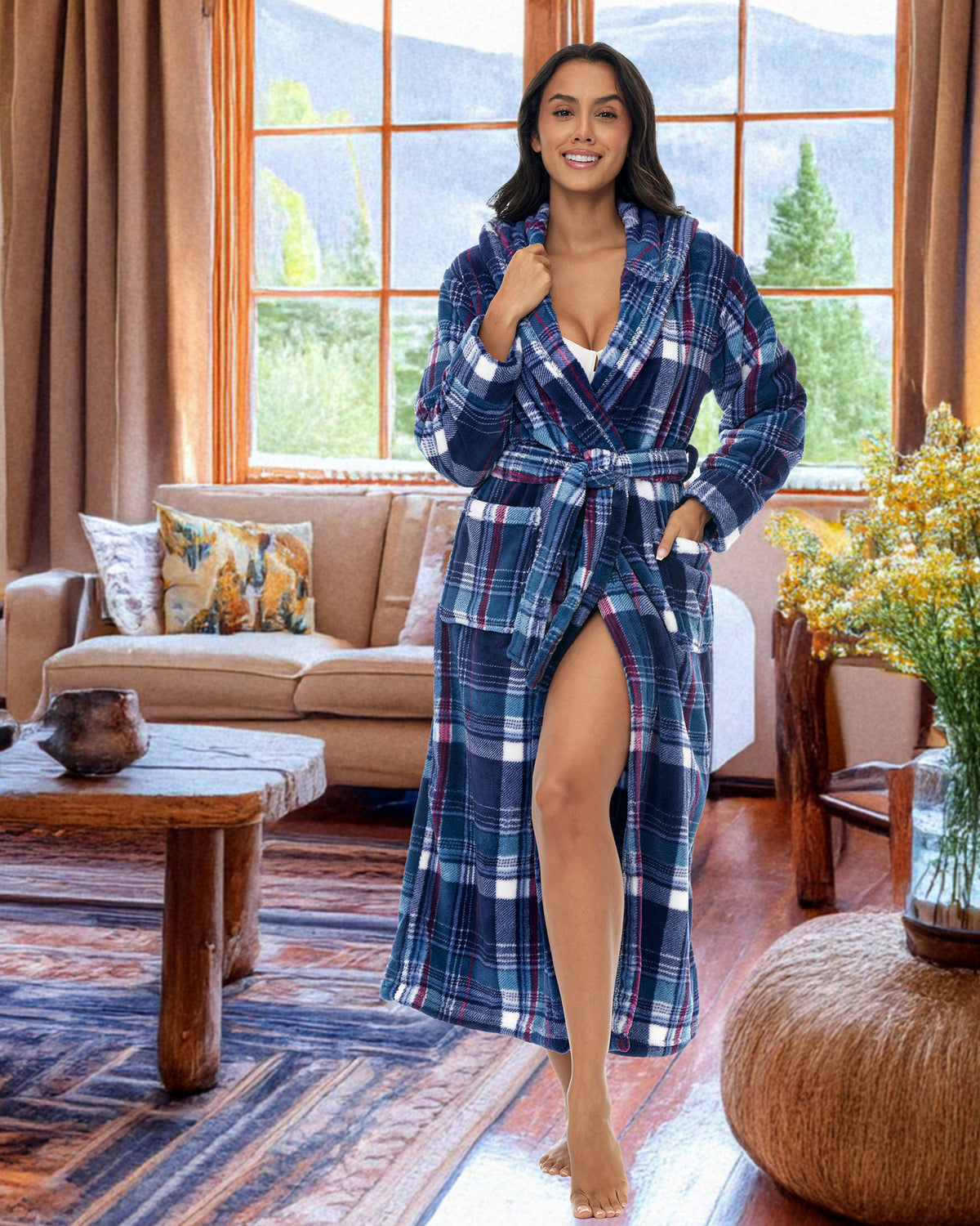 Purple Tartan Plaid Plush Fleece Robe for Women, Long Hooded Bathrobe with Hood, Plus Size