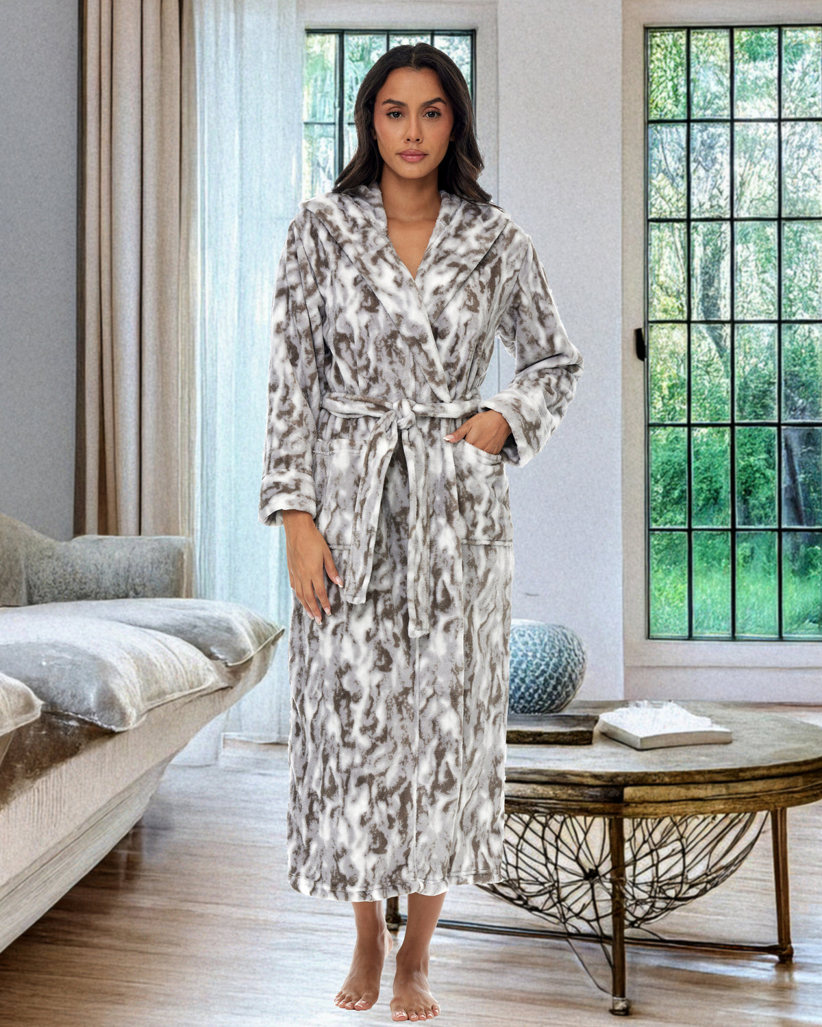 Marbled Mist Plush Fleece Robe for Women, Long Hooded Bathrobe with Hood, Plus Size