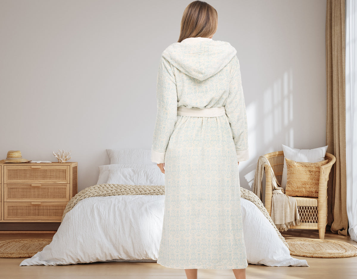 Serene Arabesque Plush Fleece Robe for Women, Long Hooded Bathrobe with Hood, Plus Size