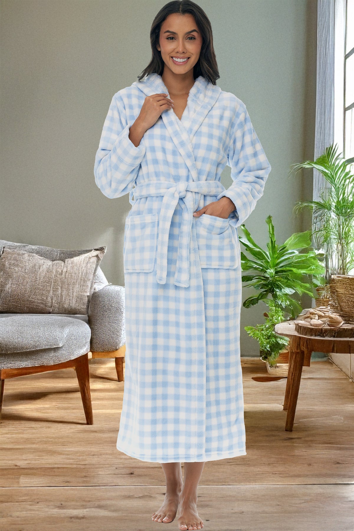 Tranquil Blues Gingham Check Plush Fleece Robe for Women, Long Hooded Bathrobe with Hood, Plus Size