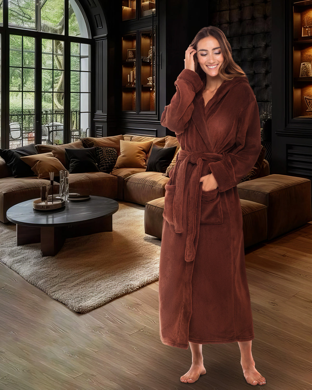 Chocolate Plush Fleece Robe for Women, Long Hooded Bathrobe with Hood, Plus Size