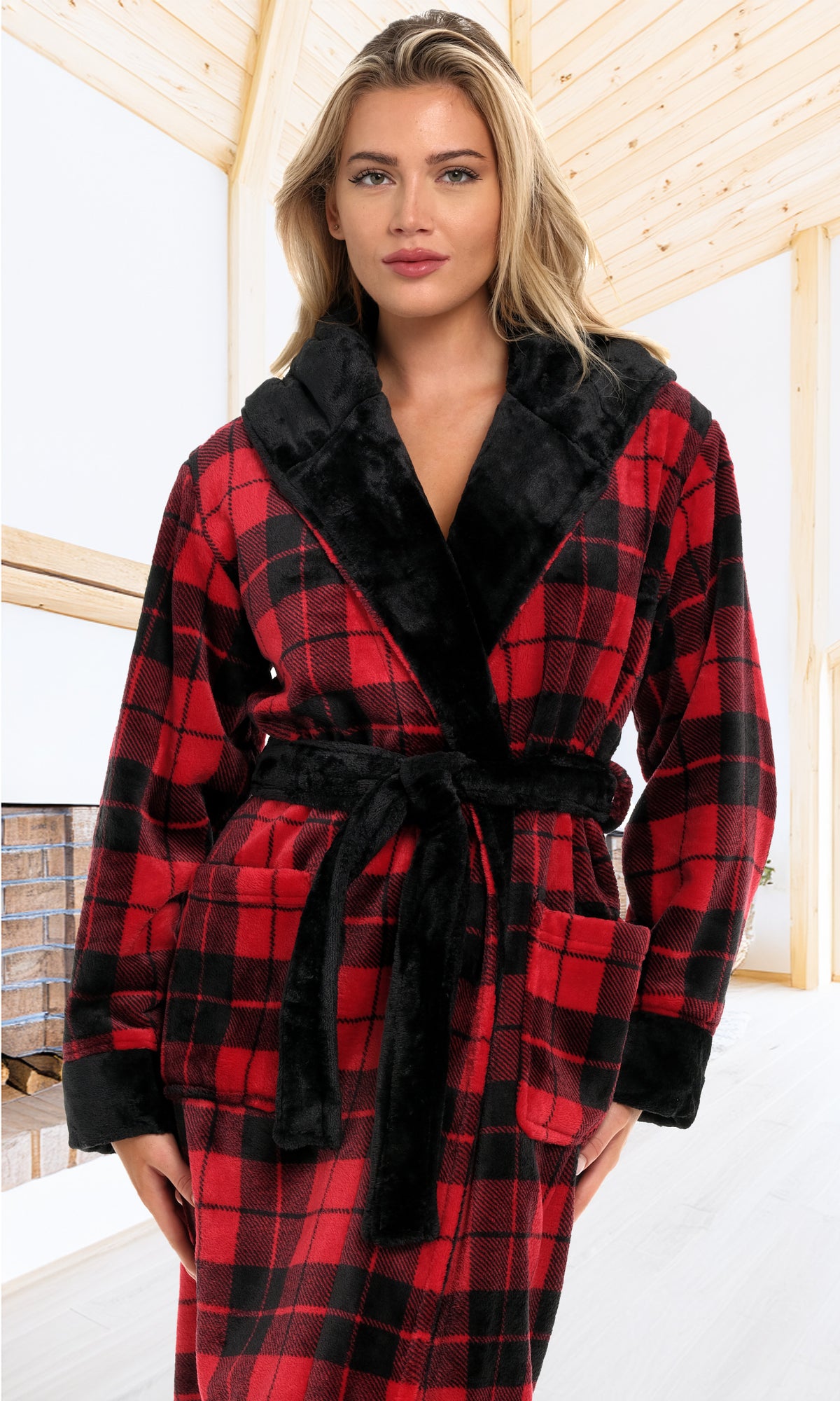 Red Black Plaid Contrast Plush Fleece Robe for Women, Long Hooded Bathrobe with Hood, Plus Size