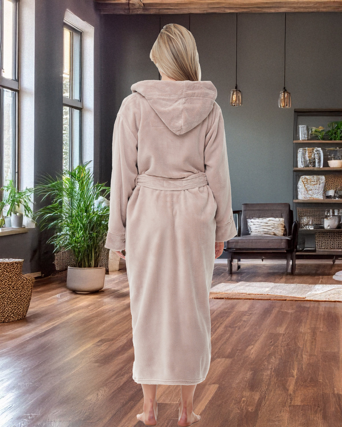 Rose Taupe Plush Fleece Robe for Women, Long Hooded Bathrobe with Hood, Plus Size