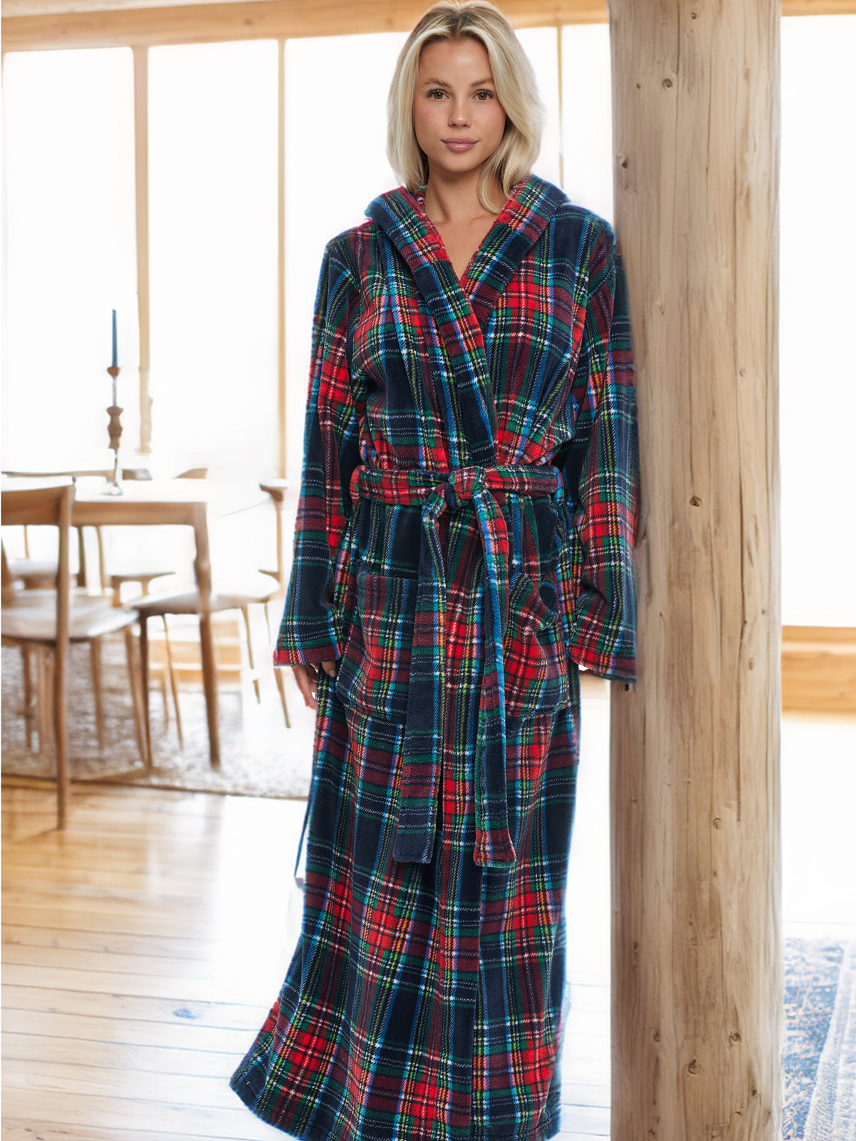 Classic Tartan Plaid Blue Plush Fleece Robe for Women, Long Hooded Bathrobe with Hood, Plus Size