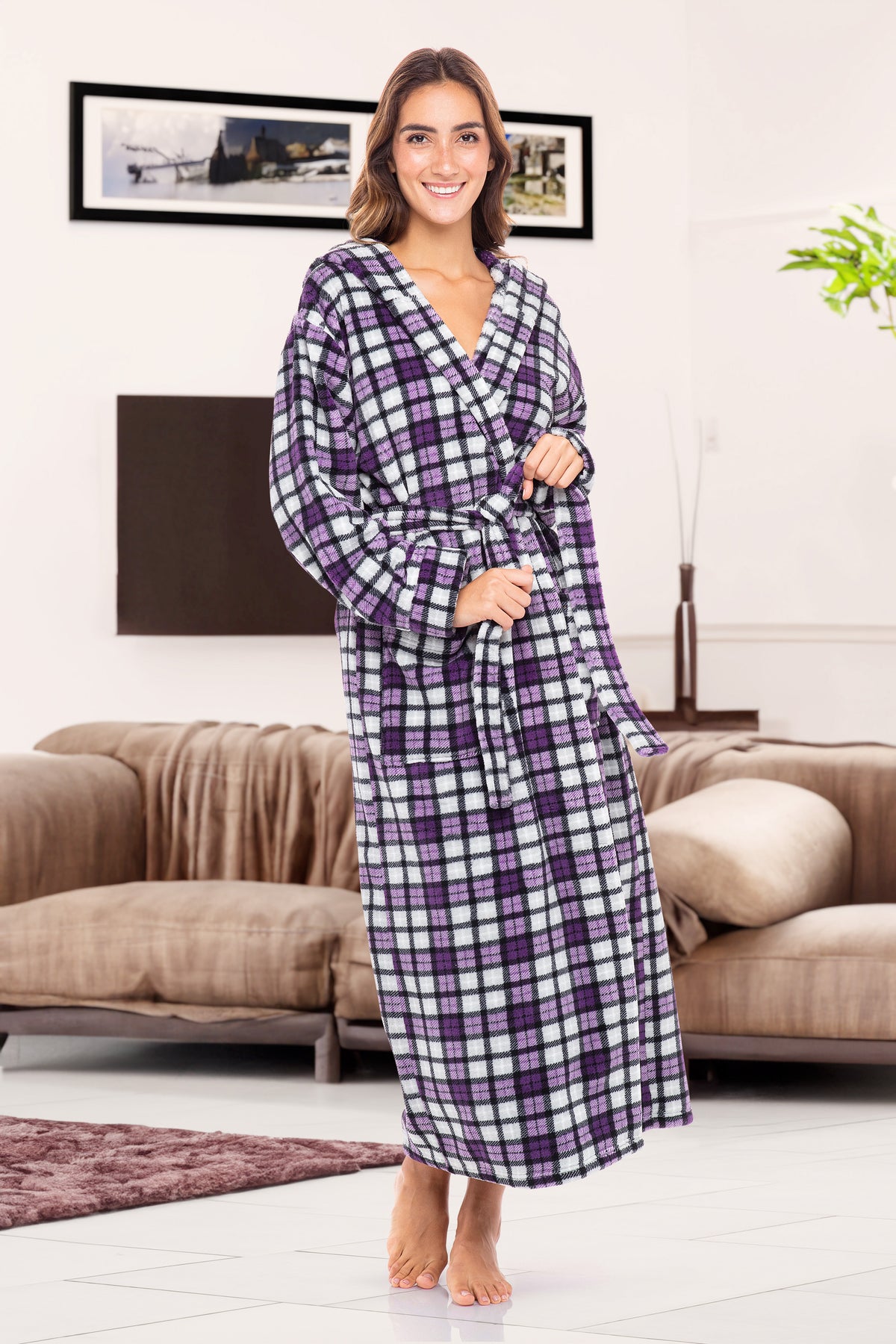 Lavender Tartan Plaid Plush Fleece Robe for Women, Long Hooded Bathrobe with Hood, Plus Size