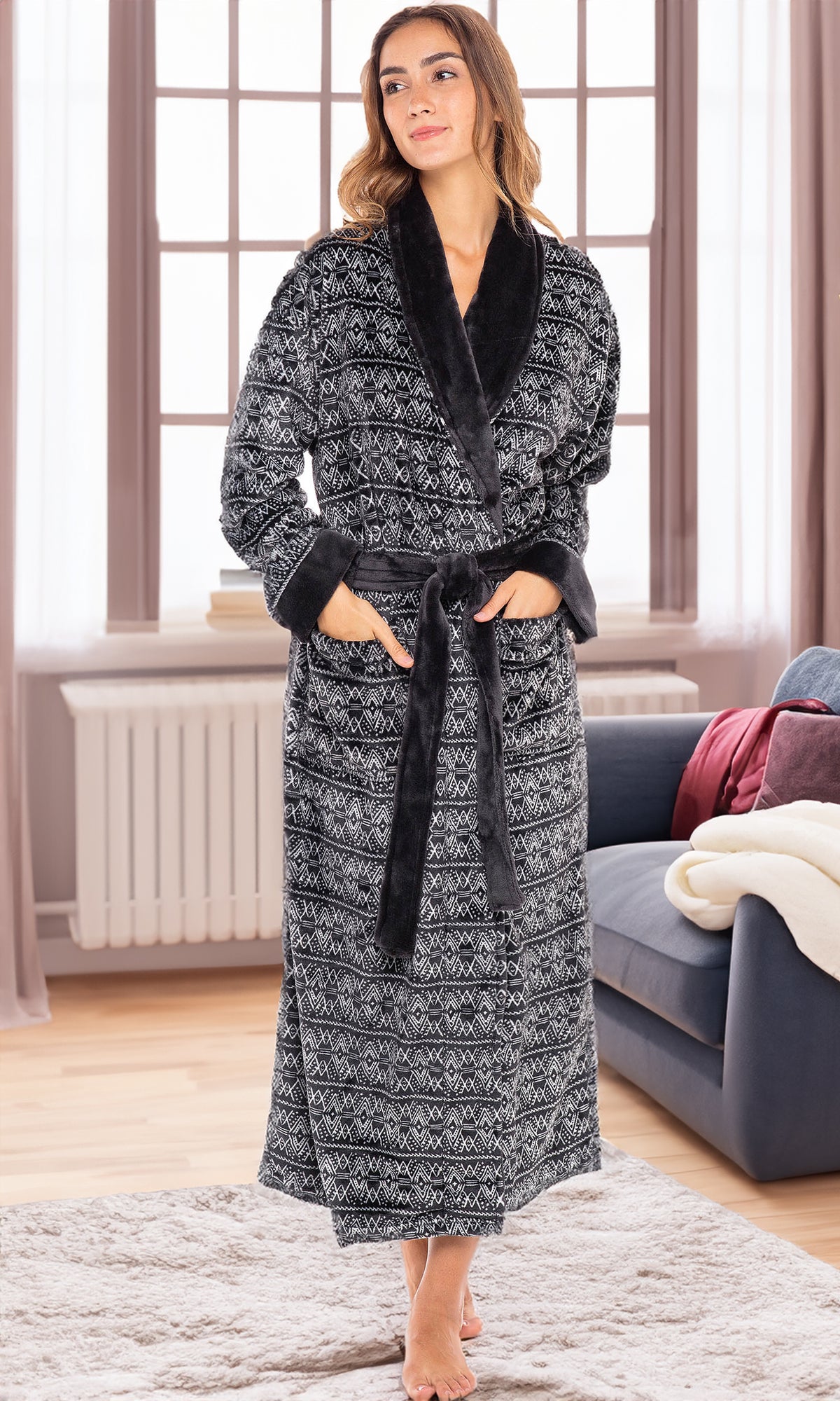 Moroccan Pattern Plush Striped Robe for Women, Long Fleece Plaid Winter Bath Robe, Plus Size