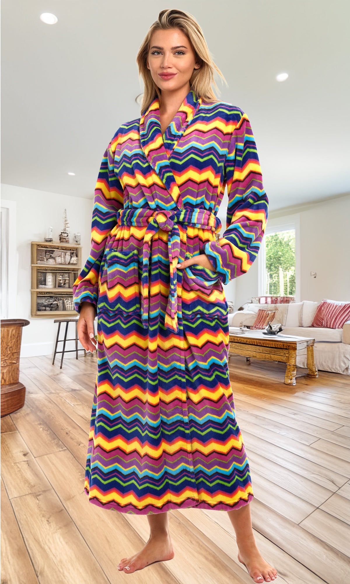 Psychedelic Chevron Fusion Plush Striped Robe for Women, Long Fleece Plaid Winter Bath Robe, Plus Size