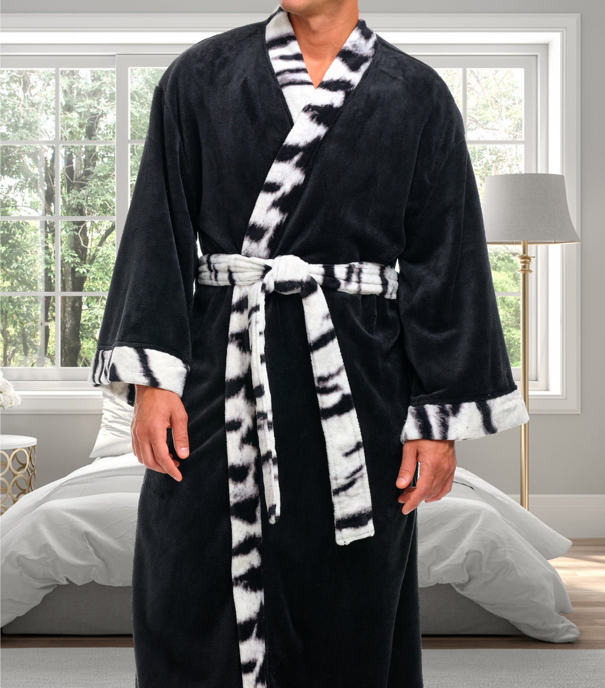 Mens White Tiger Print Accent Kimono Robe, Japanese Robe for Men