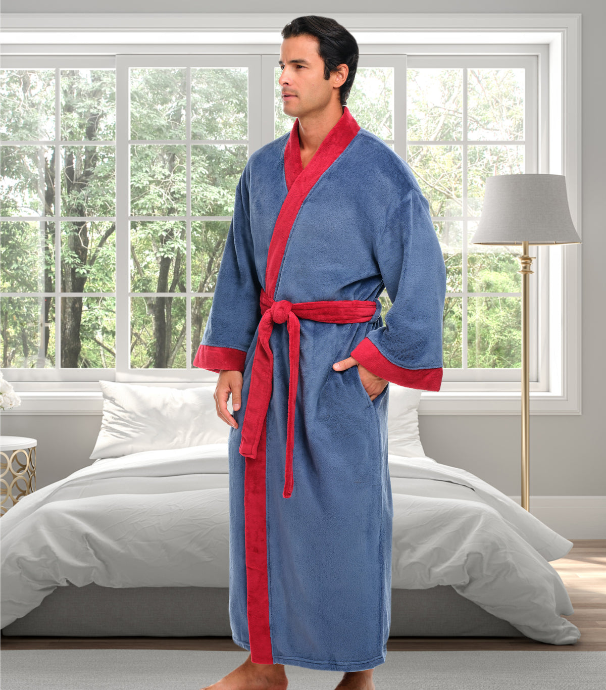 Mens Faded Blue & Burgundy Kimono Robe, Japanese Robe for Men