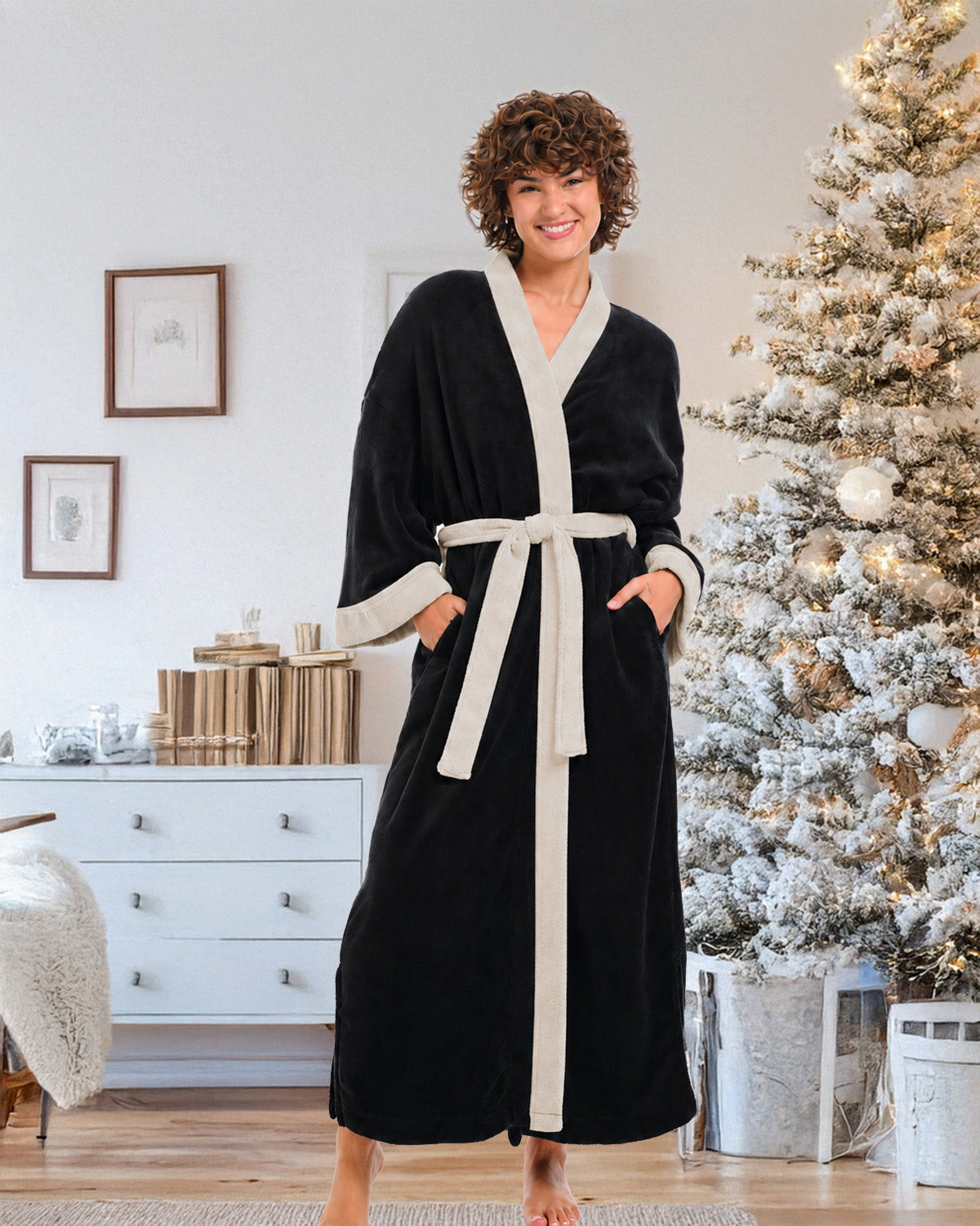 Womens Black with Sandstone Kimono Robe, Robe for Women