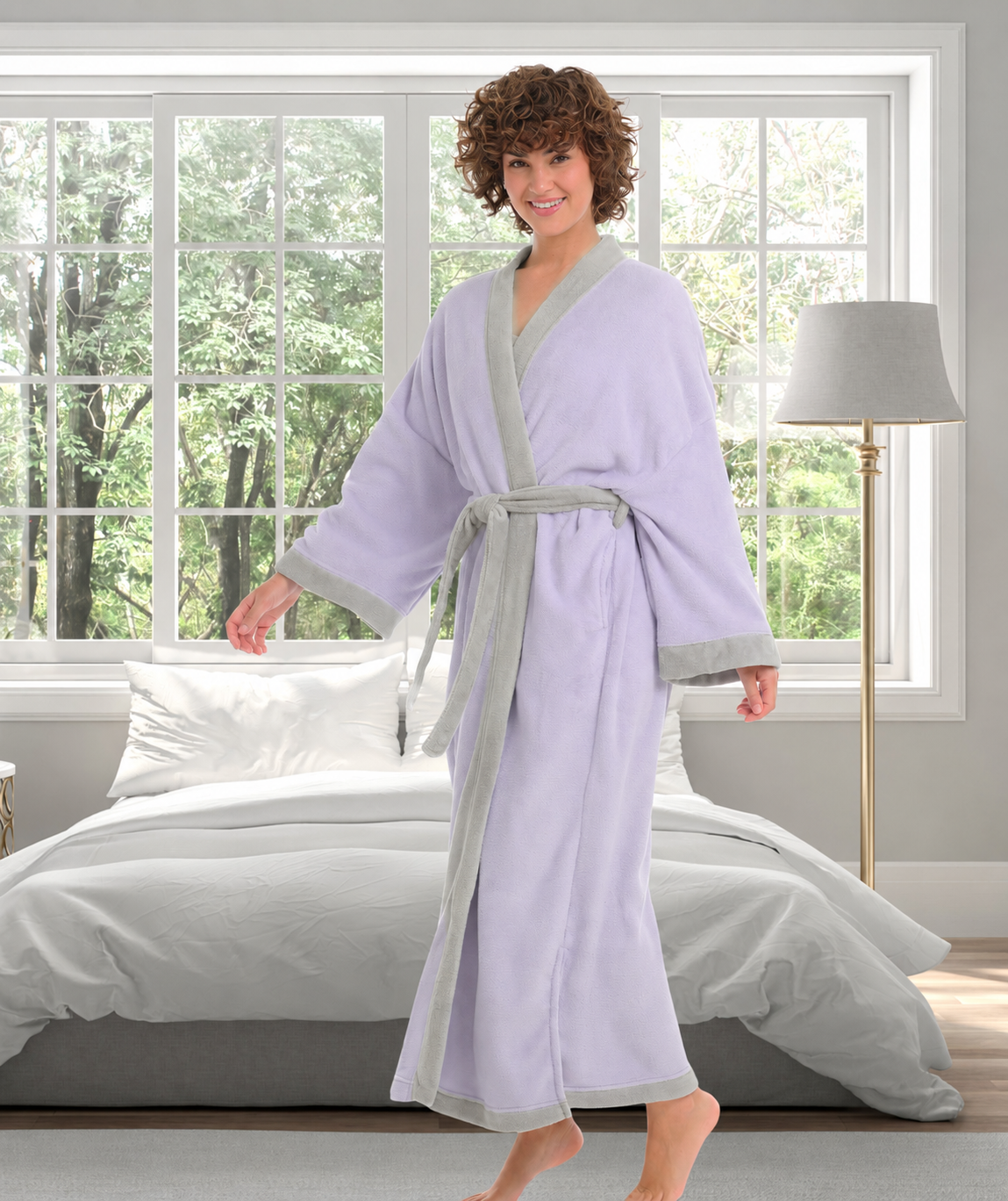 Womens Muted Lavender with Light Gray Kimono Robe, Robe for Women