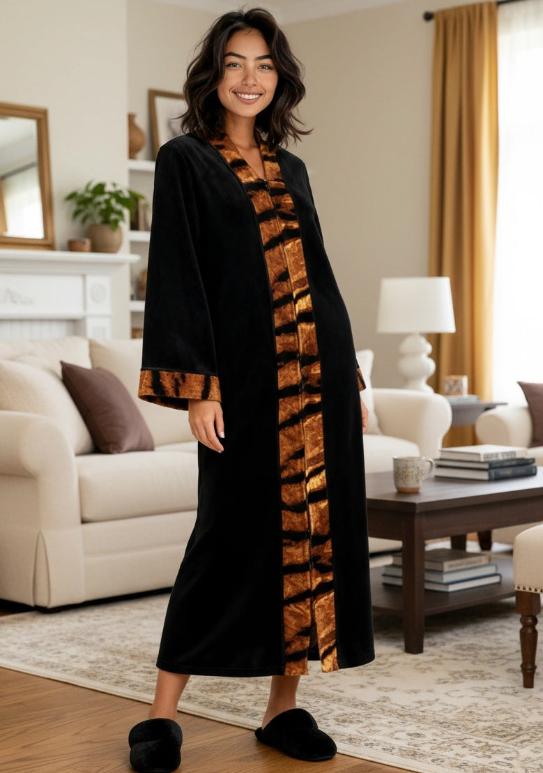 Womens Black with Tiger Print Accents Zip Up Kimono Robe, Japanese Robe for Women