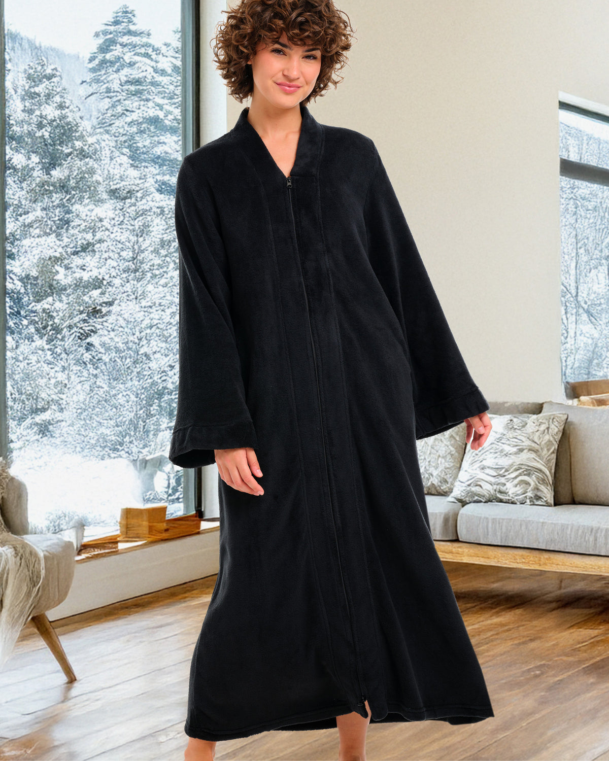 Womens Black Zip Up Kimono Robe, Japanese Robe for Women