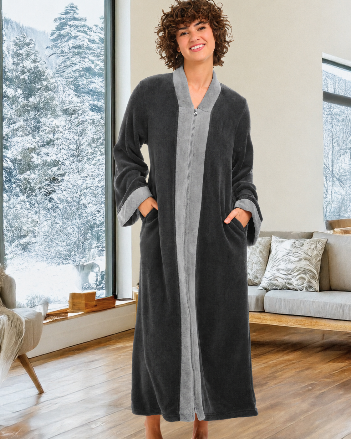 Womens Graphite Gray with Steel Gray Zip Up Kimono Robe, Japanese Robe for Women