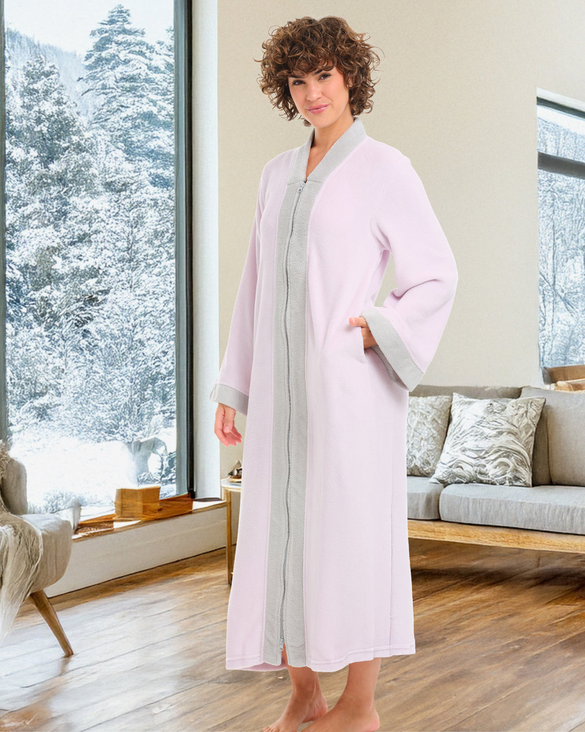 Womens Muted Lavender with Light Gray Zip Up Kimono Robe, Japanese Robe for Women