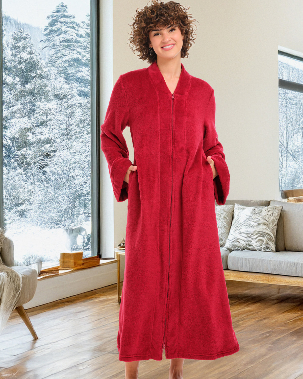 Womens Muted Burgundy Zip Up Kimono Robe, Japanese Robe for Women