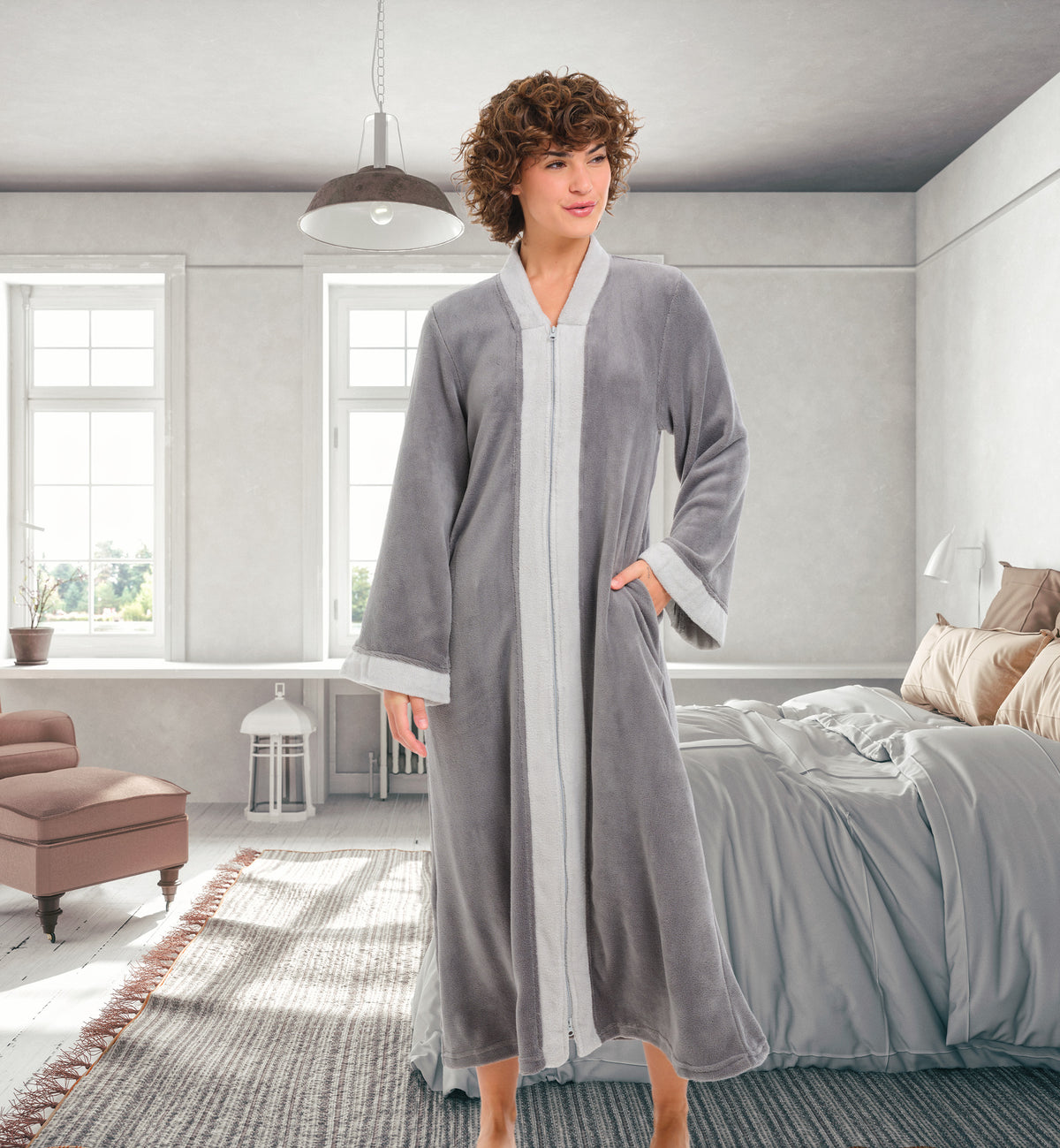 Womens Steel Gray with Light Gray Zip Up Kimono Robe, Japanese Robe for Women